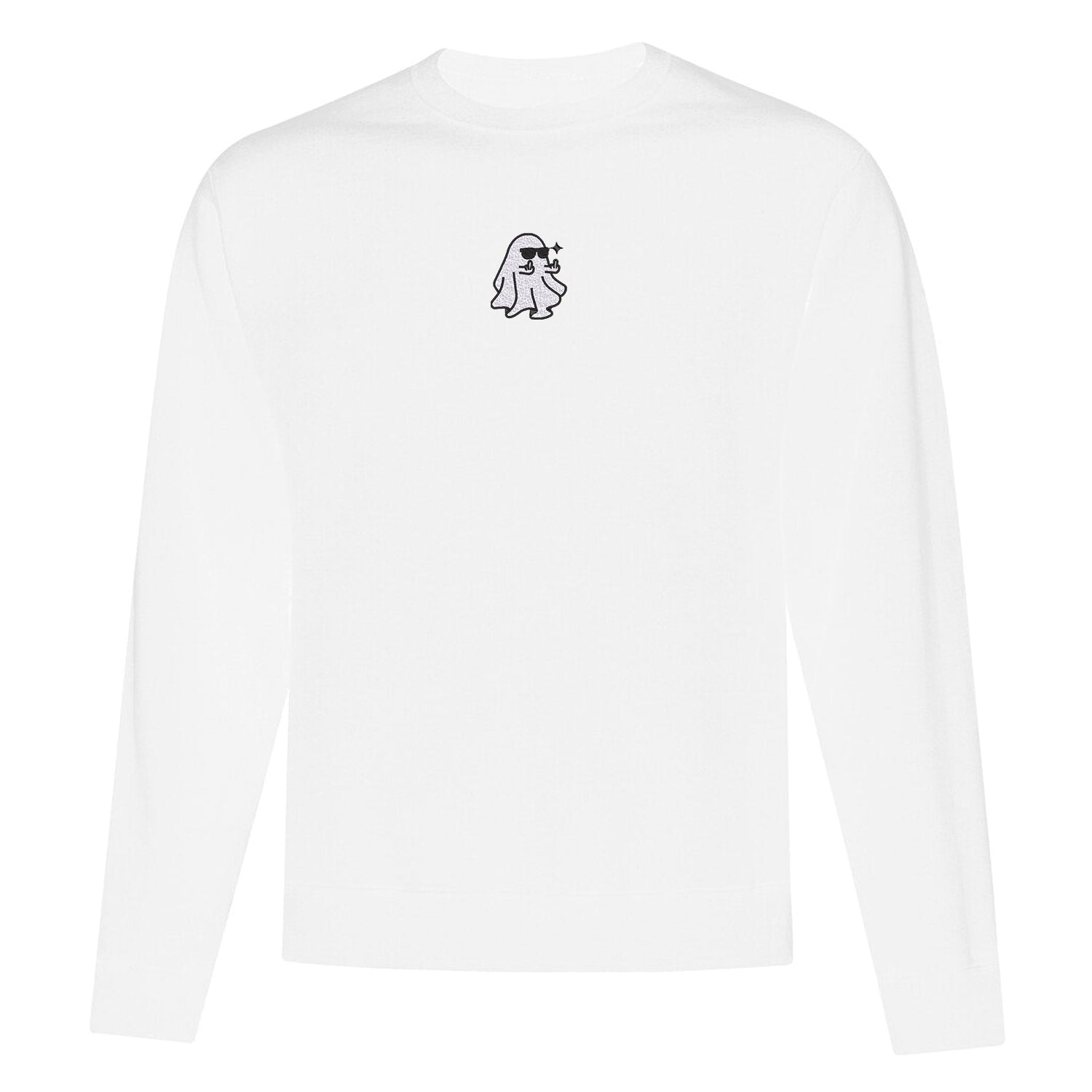 crewneck blanc avec broderie d'un fantôme portant des lunettes de soleil et qui fait des doigts d'honneur