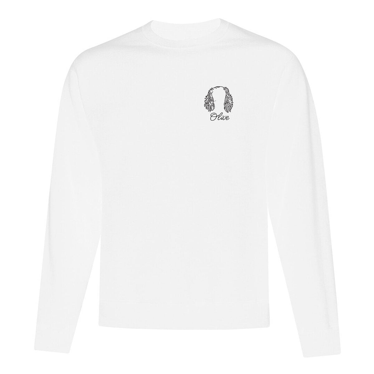 coton ouaté sans capuchon blanc avec broderie minimaliste d'oreilles de chien avec son nom en dessou, en noir