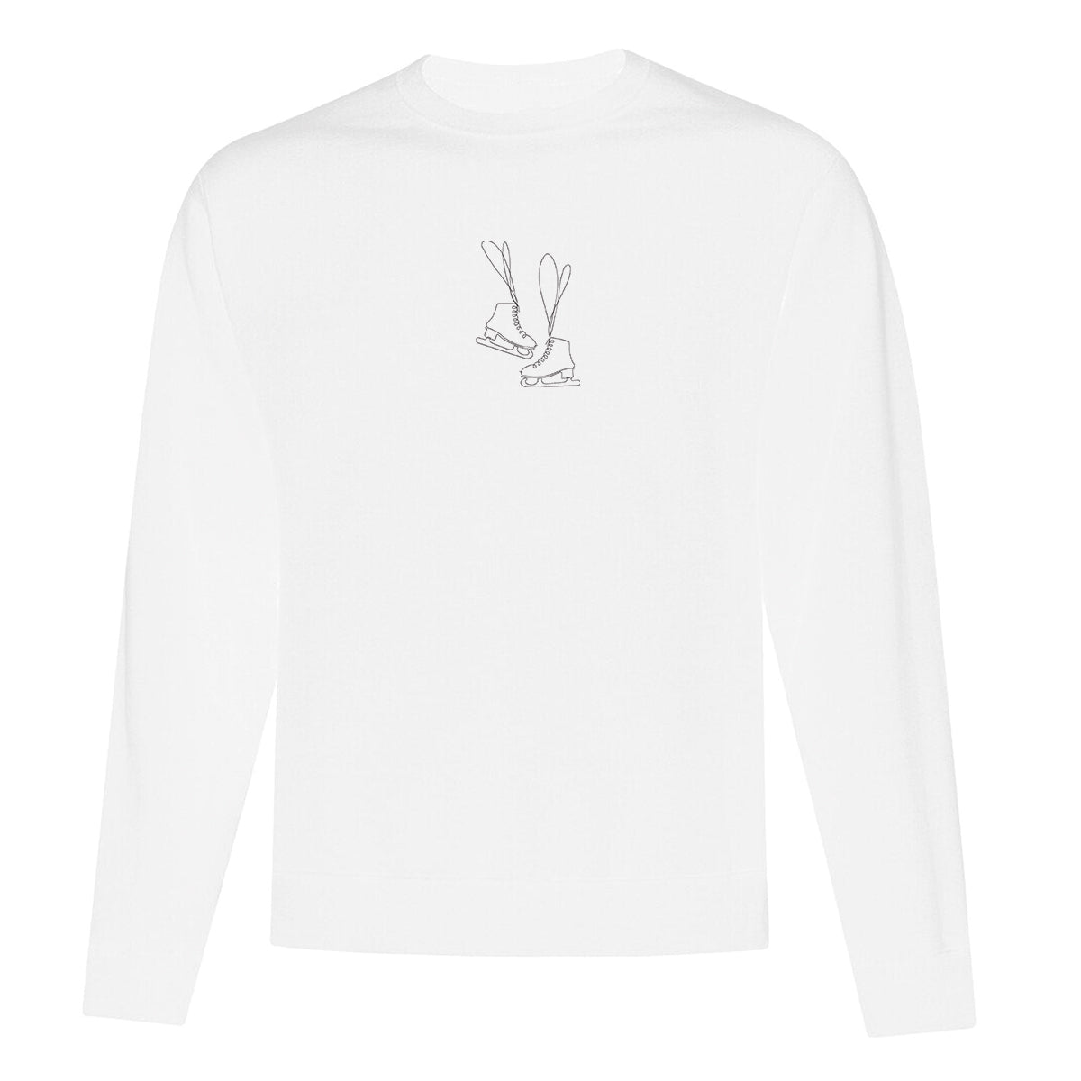 coton ouaté à col rond blanc ayant une broderie minimaliste de patins de femmes en noir