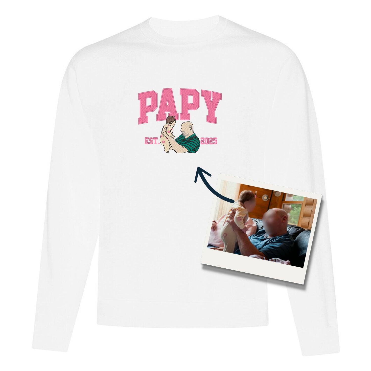 coton ouaté à col rond blancpersonnalisé PAPY famille avec année de naissance et broderie minimaliste faite à partir d'une photo
