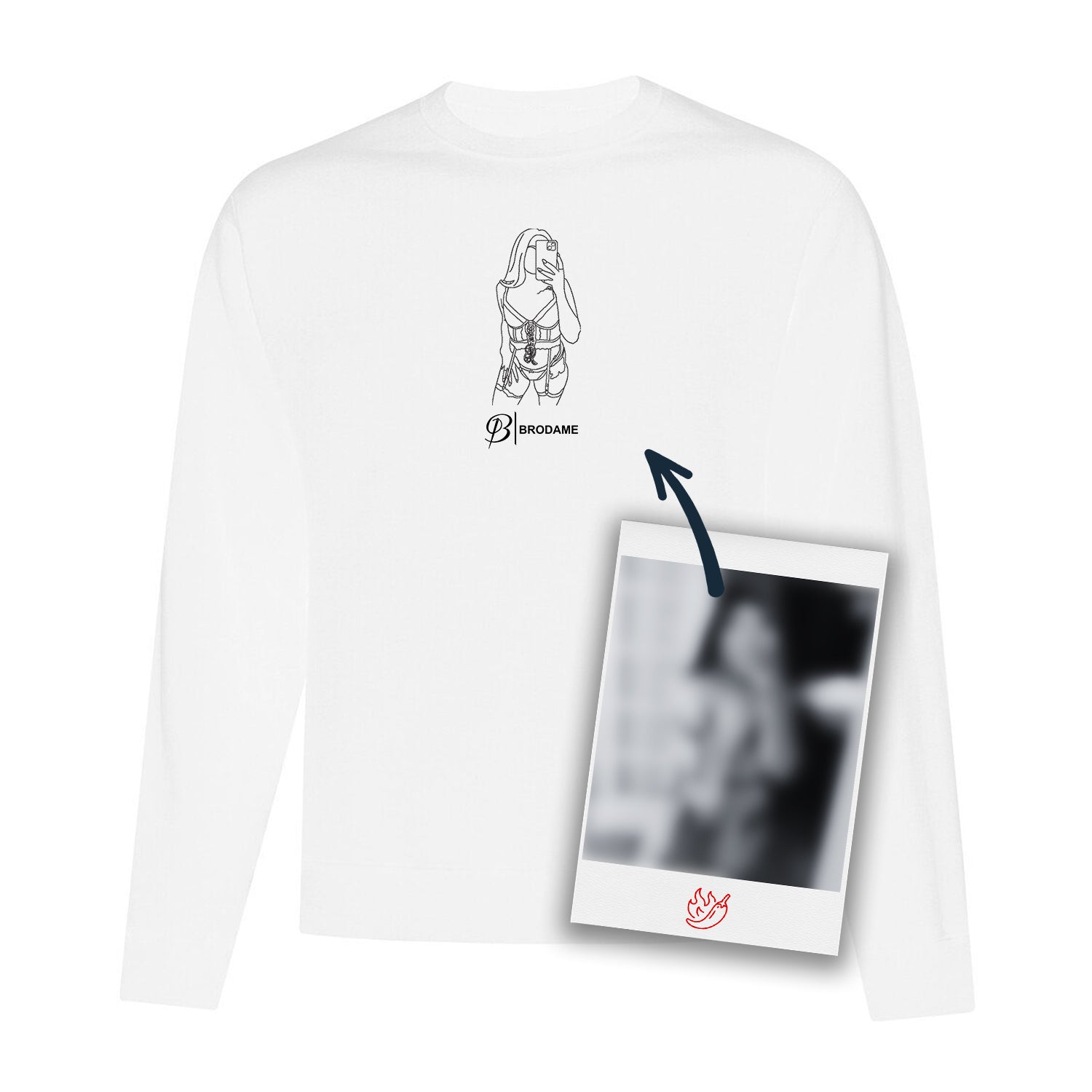 crewneck blanc avec le logo brodame et une silhouette noire brodée au centre du chandail à partir d'une photo coquine