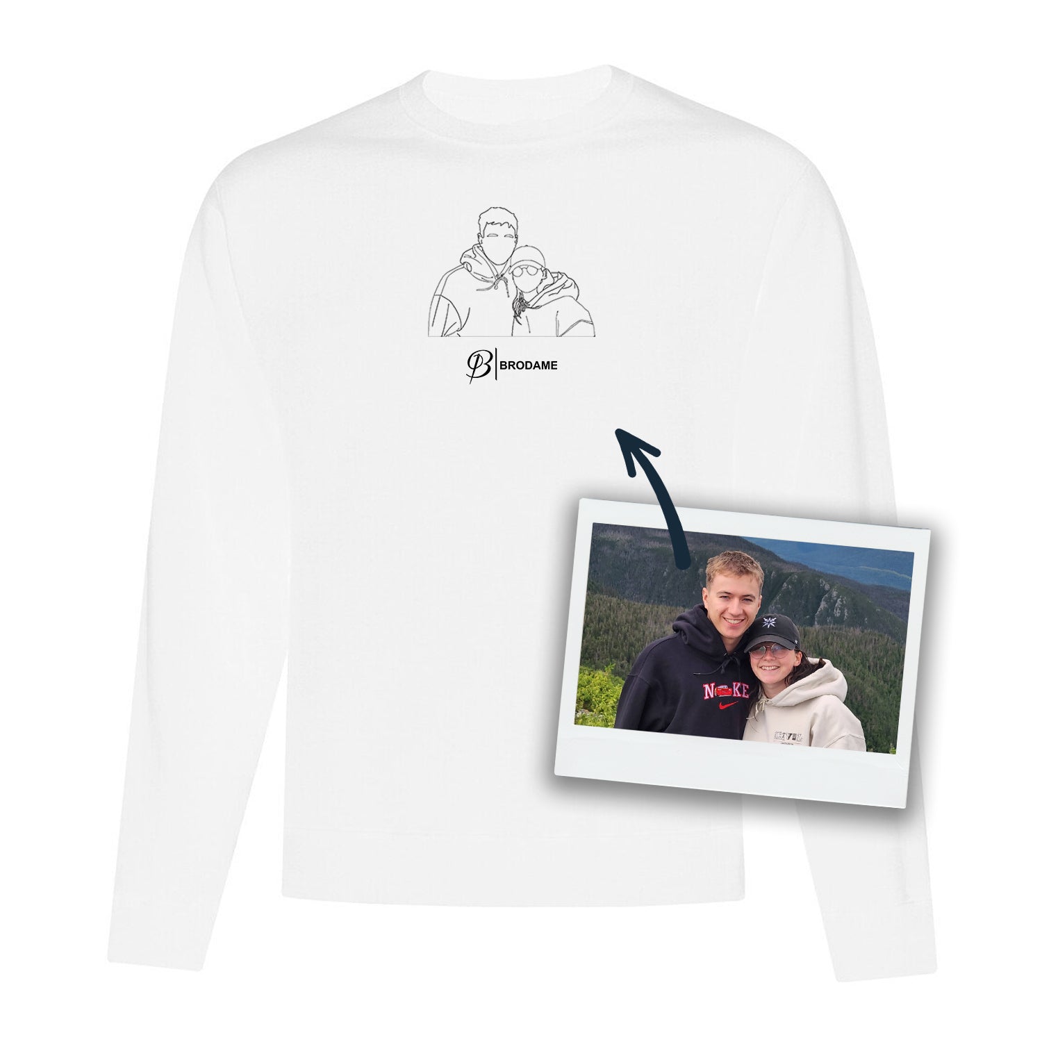 crewneck personnalisé blanc tracé de photo silhouette brodé au centre avec logo brodame en dessous