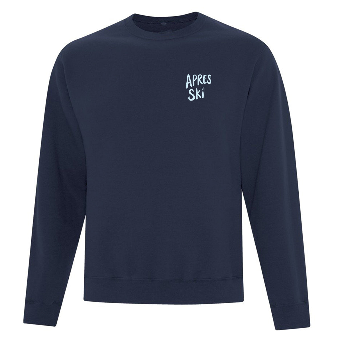 coton ouaté à col rond bleu marin avec des illustrations sous le thème du ski et de l'hiver imprimé en bleu pâle