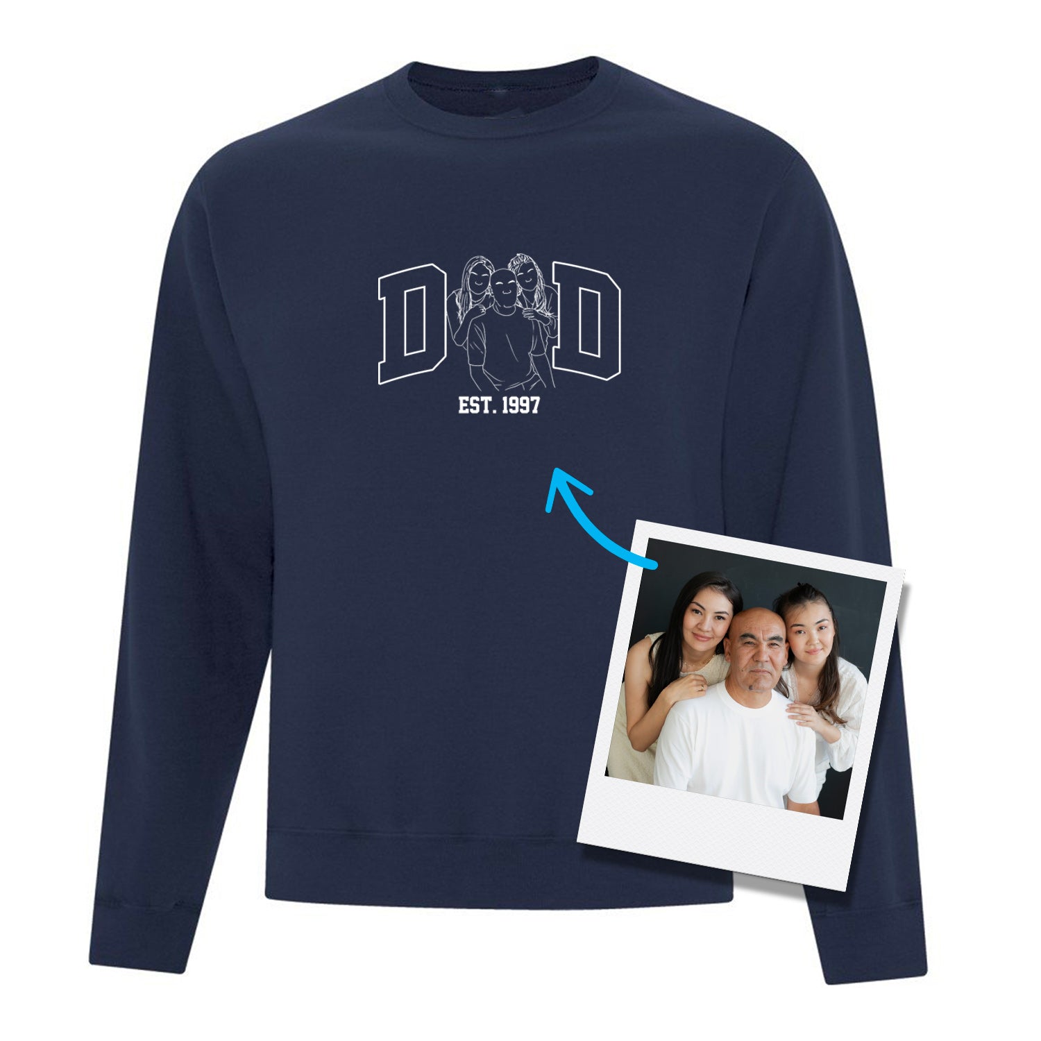 coton ouaté à col rond bleu marin avec une broderie personnalisée DAD avec une photo qui remplace le "A" ainsi que l'année où il est devenu papa