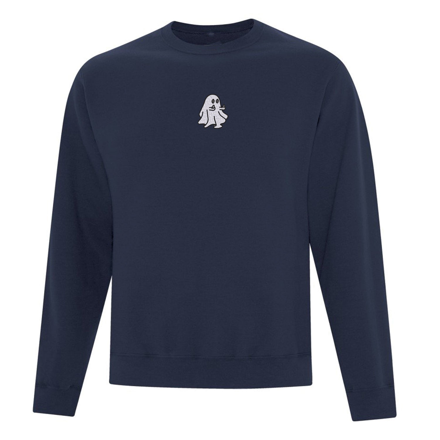 crewneck bleu marin avec broderie d'un fantôme qui fait des doigts d'honneur