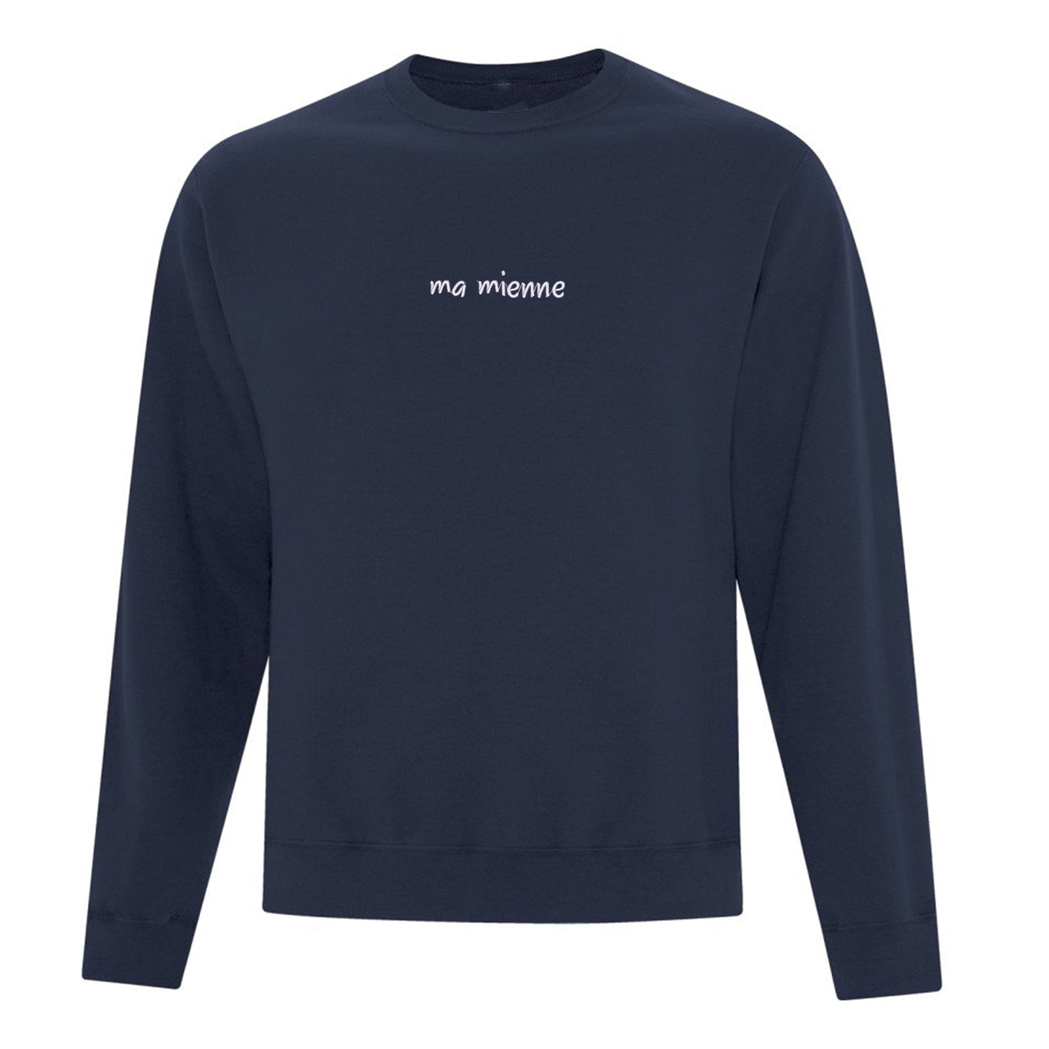 crewneck bleu marin avec broderie "ma mienne" au centre en blanc