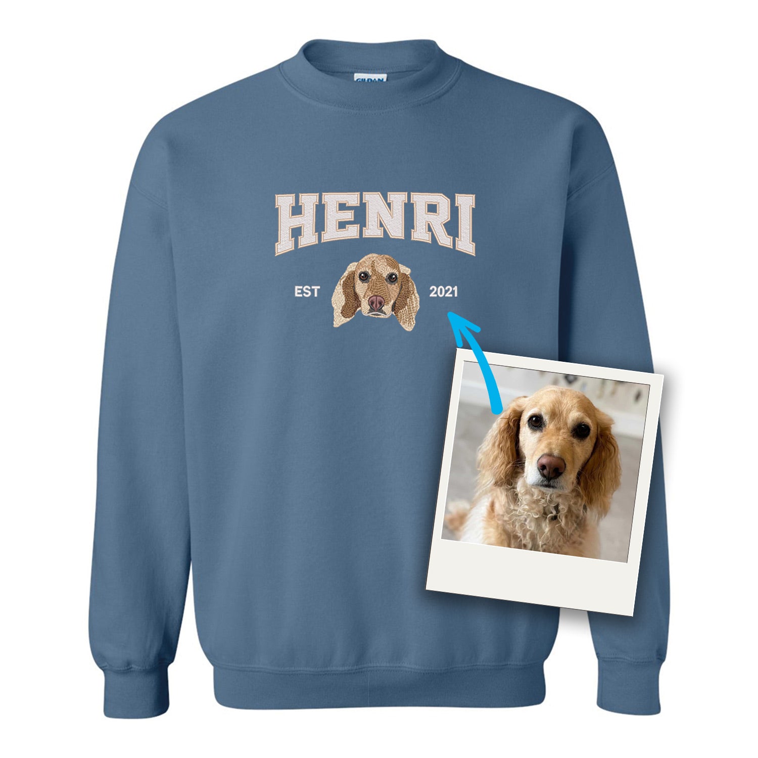 coton ouaté sans capuchon bleu neptune avec broderie personnalisée d'un portrait de chien avec son nom et année de naissance