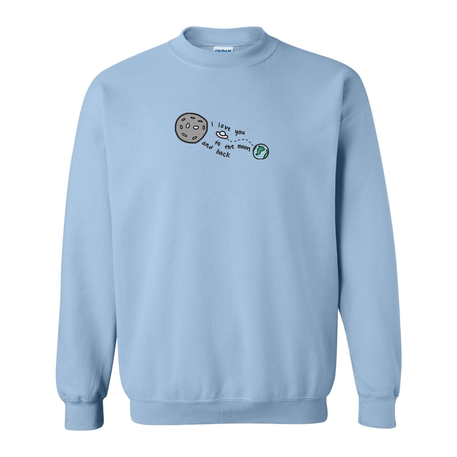 crewneck bleu pâle brodé i love you to the moon and back st-valentin couple planète lune