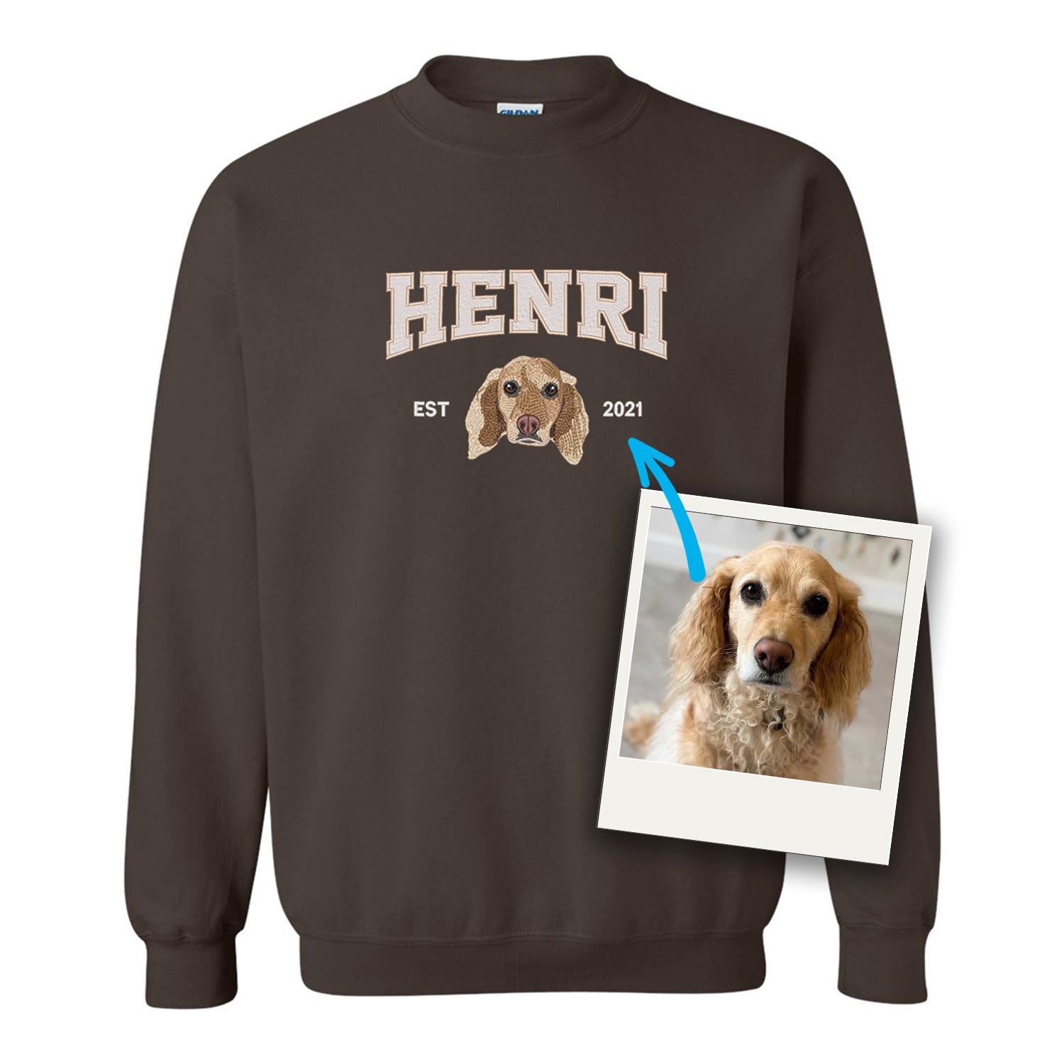 coton ouaté sans capuchon brun avec broderie personnalisée d'un portrait de chien avec son nom et année de naissance