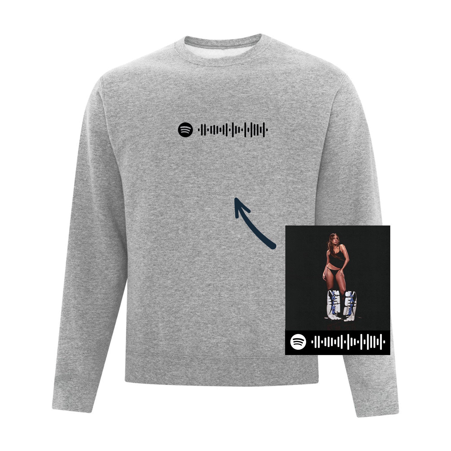 crewneck gris pâle personnalisé code de musique brodé