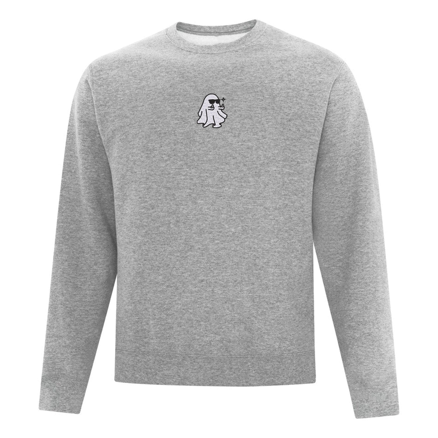 crewneck gris pâle avec broderie d'un fantôme portant des lunettes de soleil et qui fait des doigts d'honneur