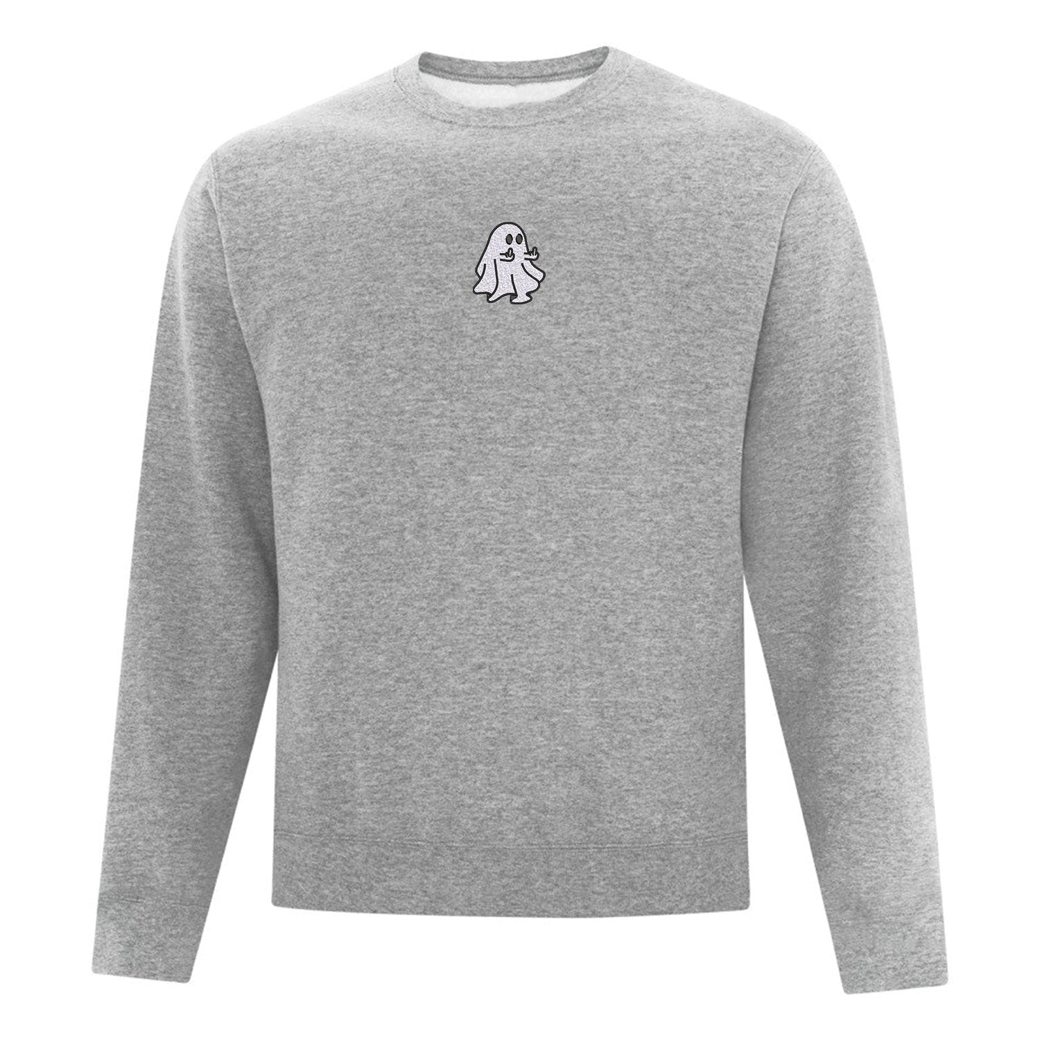 crewneck gris pâle avec broderie d'un fantôme qui fait des doigts d'honneur