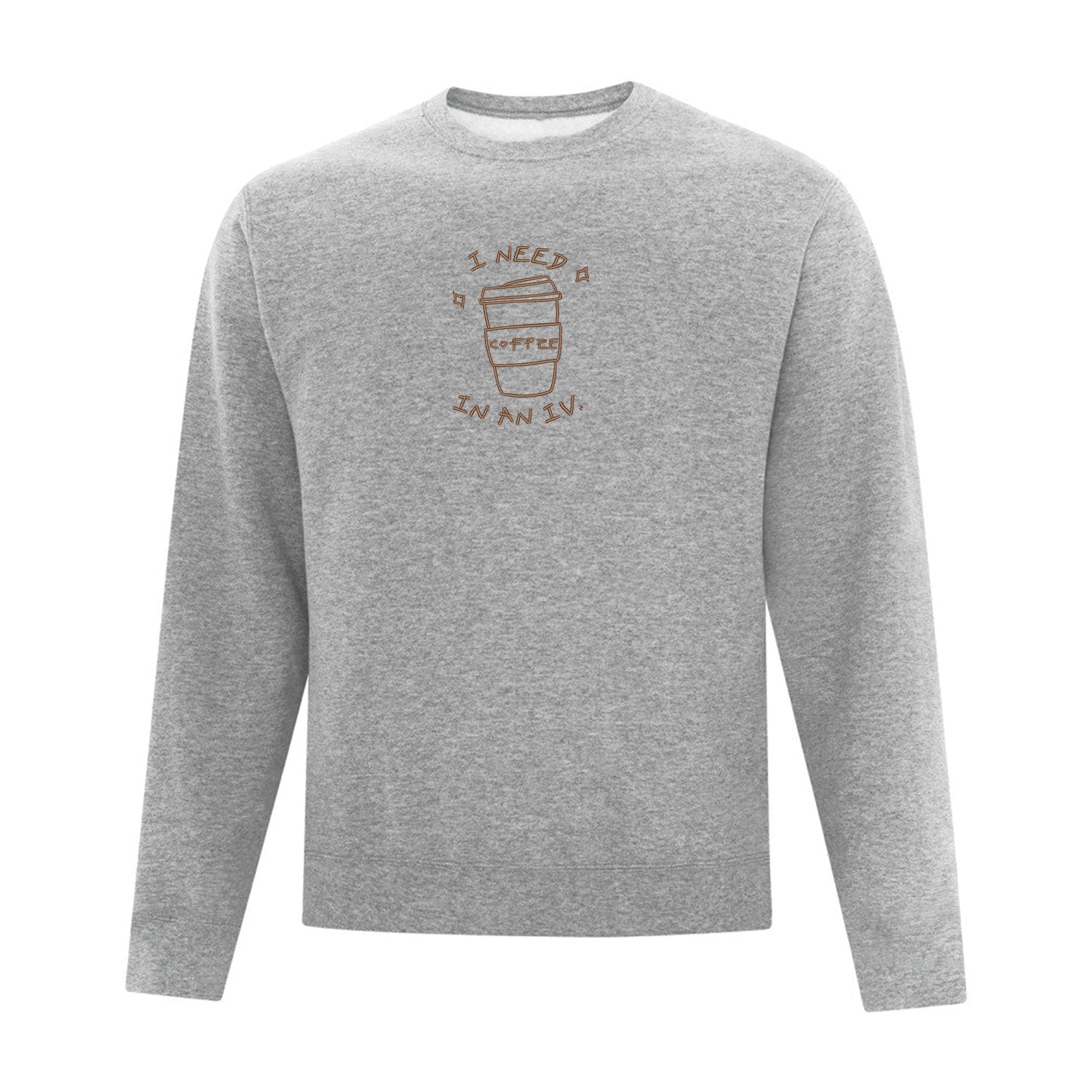 crewneck gris pâle avec une broderie de café brune centrée sur le chandail