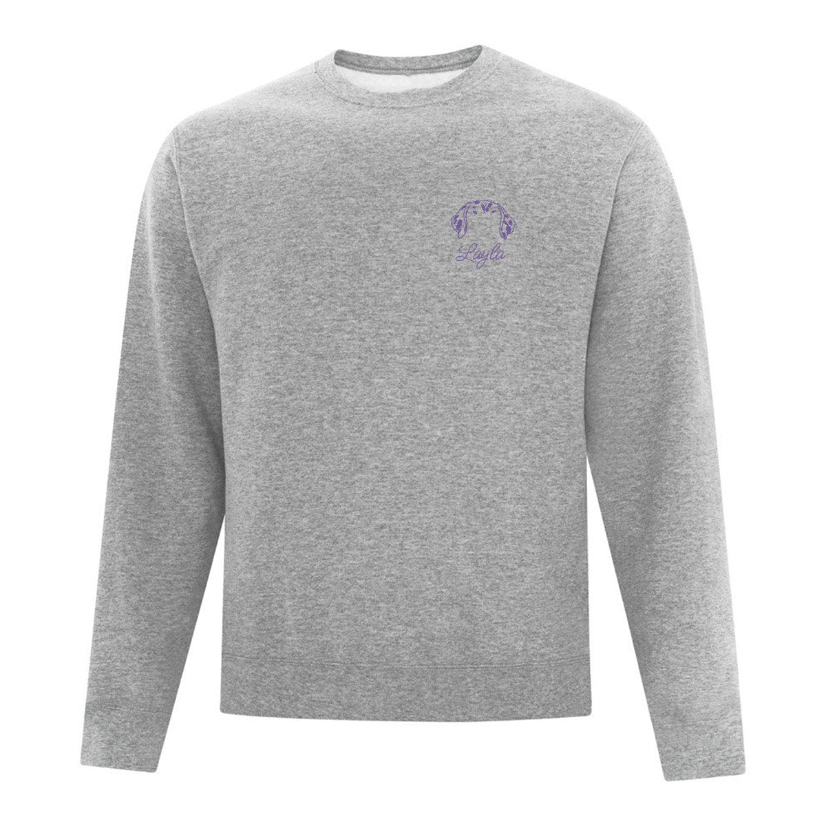 coton ouaté sans capuchon gris pâle avec broderie minimaliste d'oreilles de chien avec son nom en dessou, en mauve