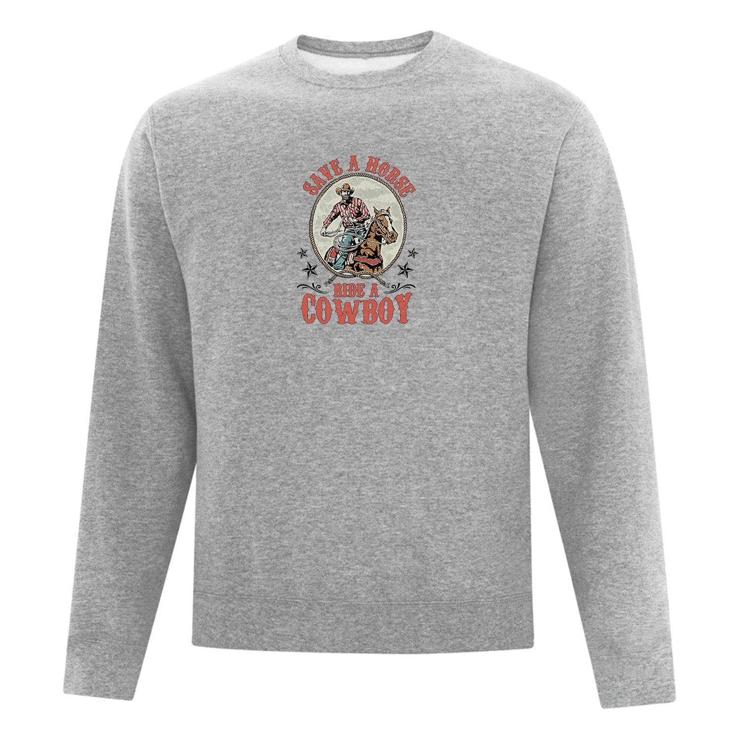visuel d'un crewneck gris pâle avec un imprimé western et l'écriture "save a horse, ride a cowboy"