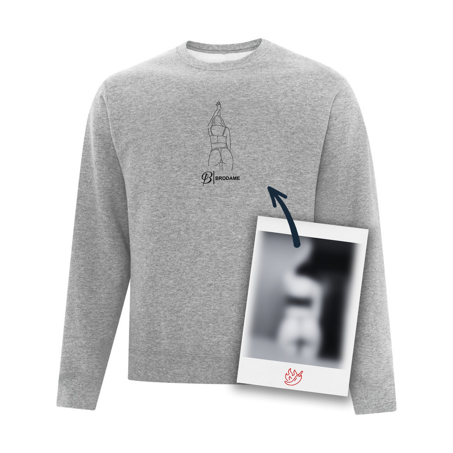 crewneck gris pâle avec le logo brodame et une silhouette noire brodée au centre du chandail à partir d'une photo coquine