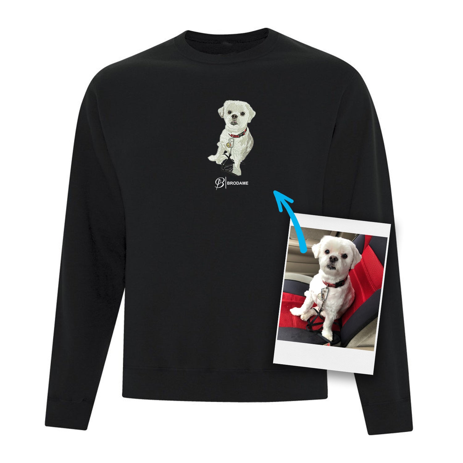 crewneck noir avec un chien brodé de façon réaliste sur le devant au centre avec le logo Brodame en dessous