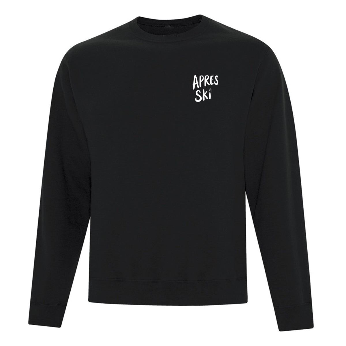 coton ouaté à col rond noir avec des illustrations sous le thème du ski et de l'hiver imprimé en blanc