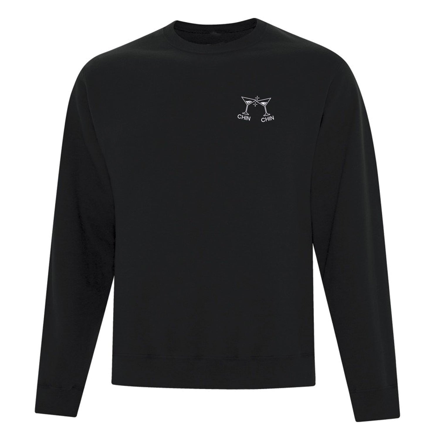 crewneck noir "Chin Chin" brodé au coeur. Un dessin de deux coupes à cocktails qui font chin chin ensemble est brodé en blanc. Collection d'expressions québécoises 2025. 
