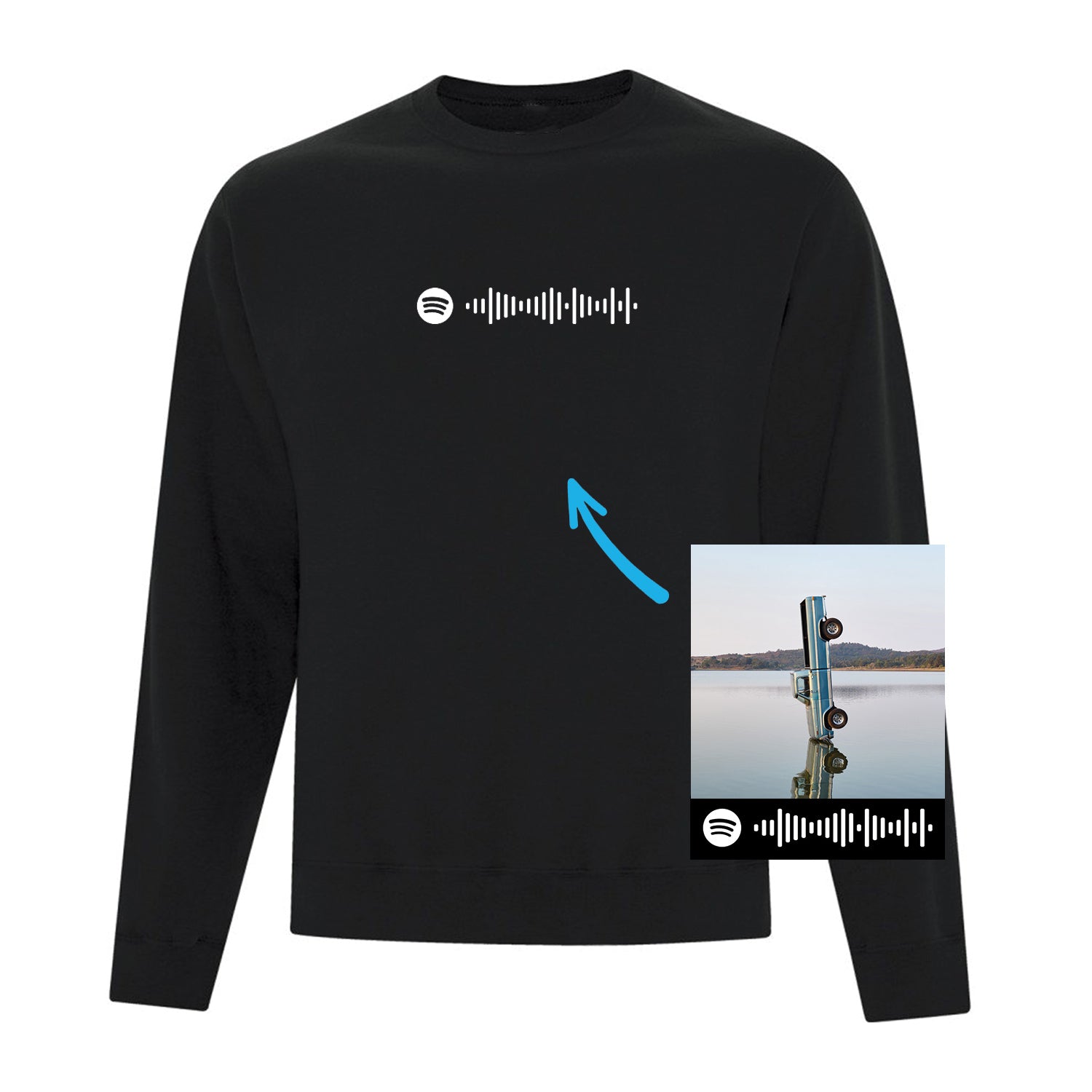 crewneck noir personnalisé code de musique brodé