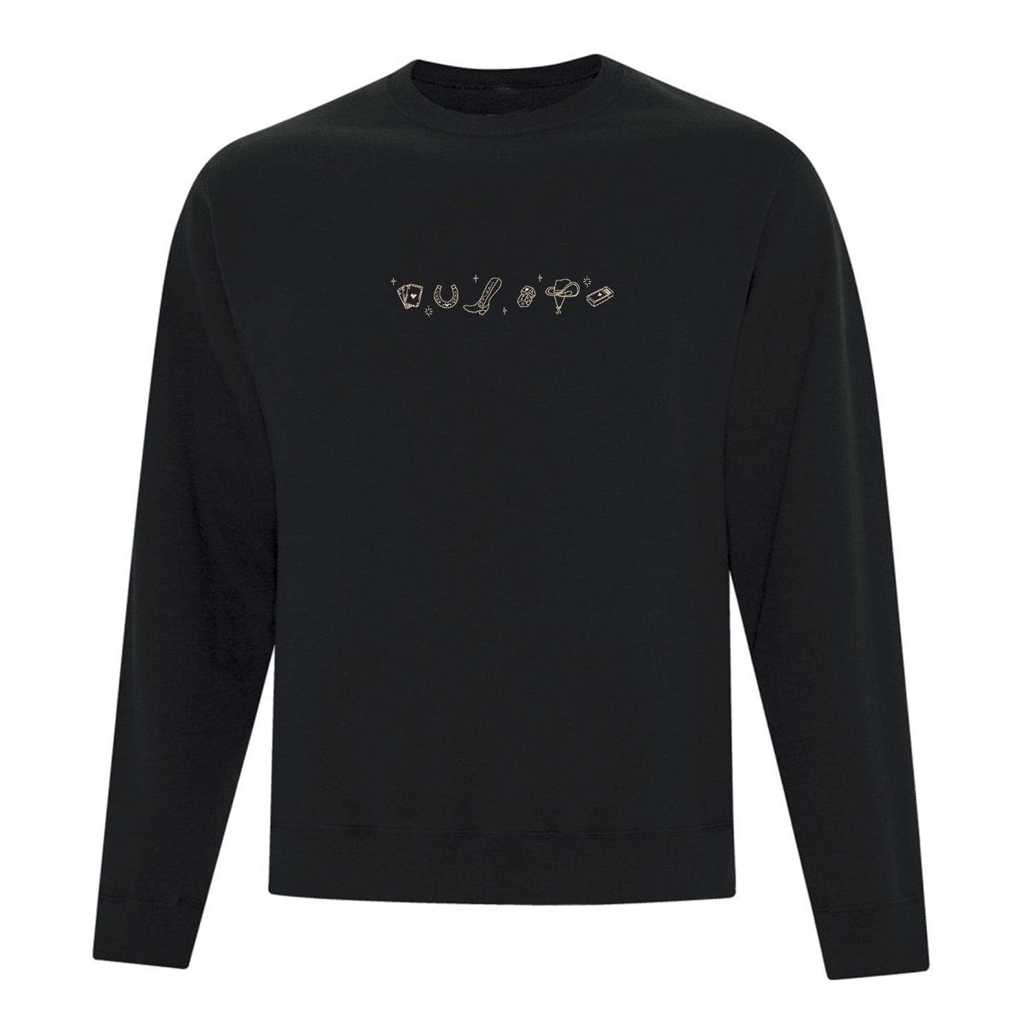 visuel d'un crewneck noir avec une broderie d'icones western centré en beige