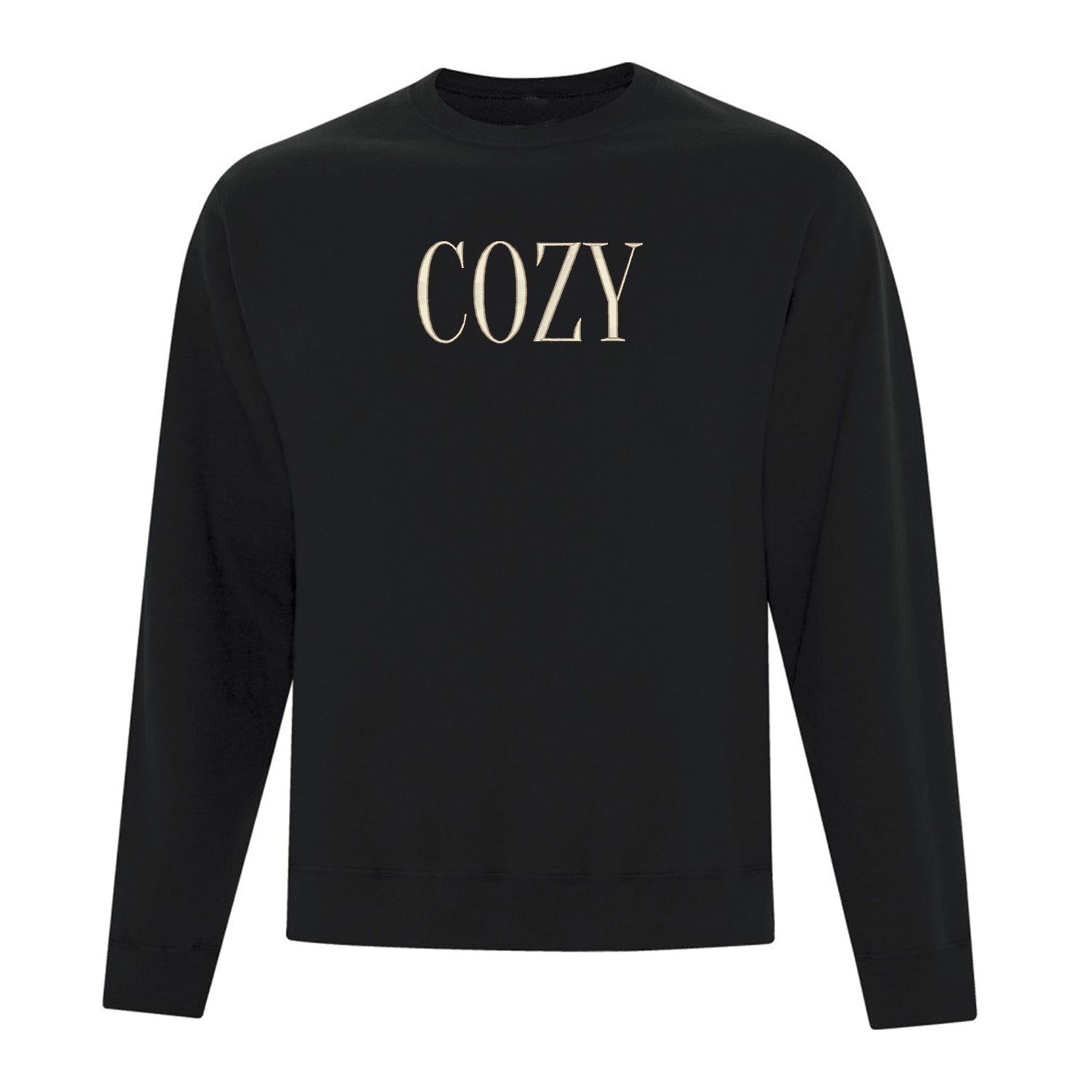 crewneck noir avec une broderie écrit COZY en blanc crème au centre