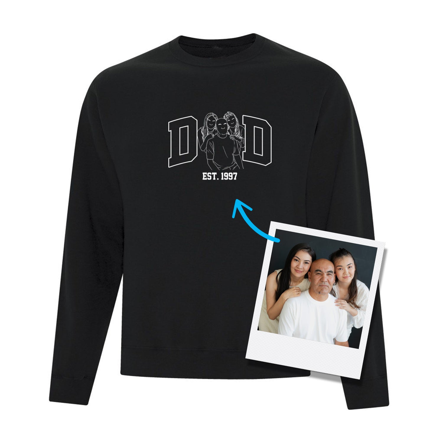 coton ouaté à col rond noir avec une broderie personnalisée DAD avec une photo qui remplace le "A" ainsi que l'année où il est devenu papa