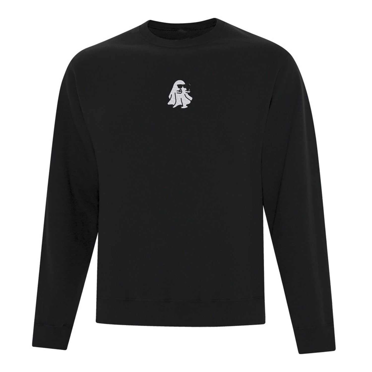 crewneck noir avec broderie d'un fantôme portant des lunettes de soleil et qui fait des doigts d'honneur