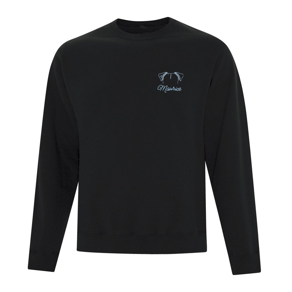 coton ouaté sans capuchon noir avec broderie minimaliste d'oreilles de chien avec son nom en dessou, en bleu pâle