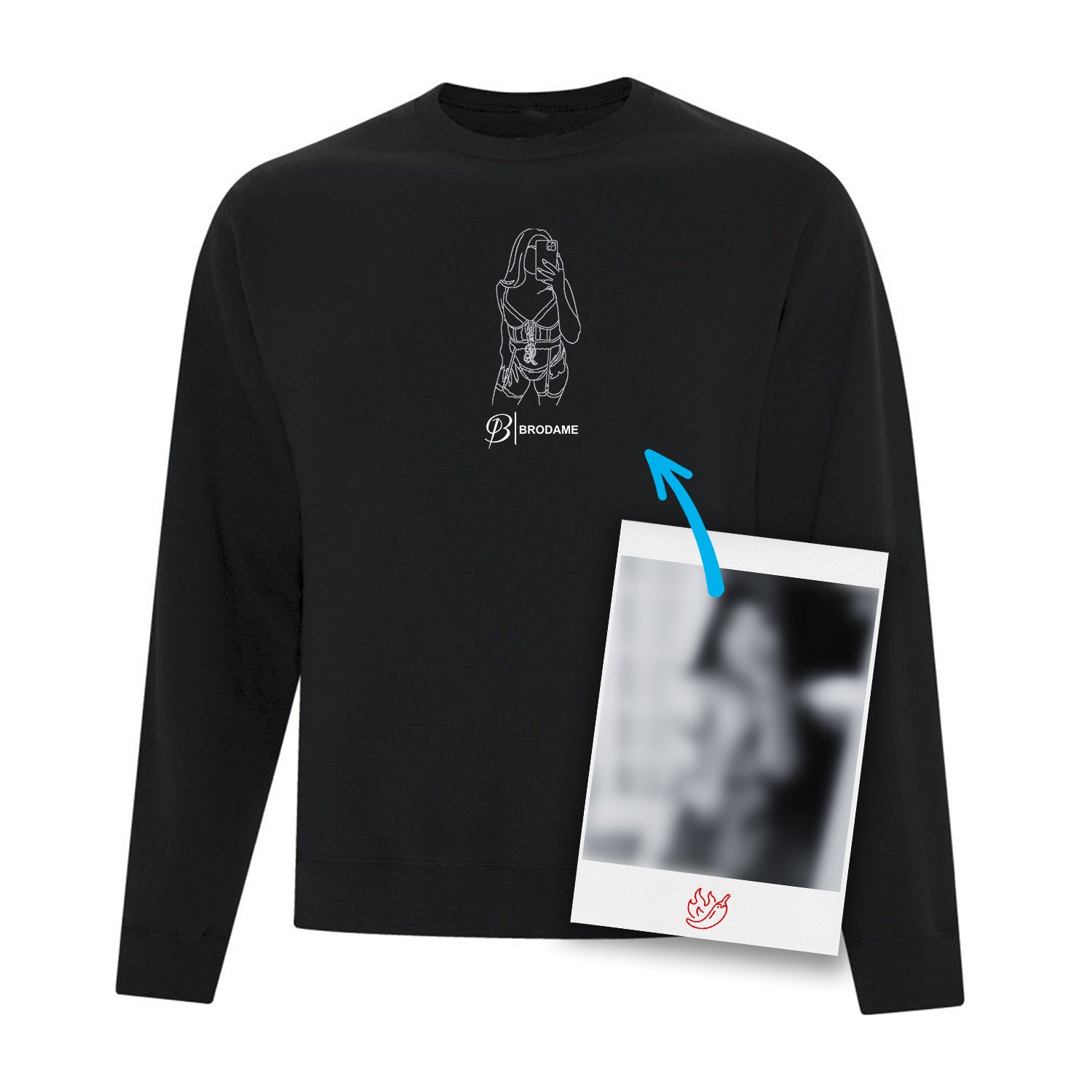 crewneck noir avec le logo brodame et une silhouette blanche brodée au centre du chandail à partir d'une photo coquine