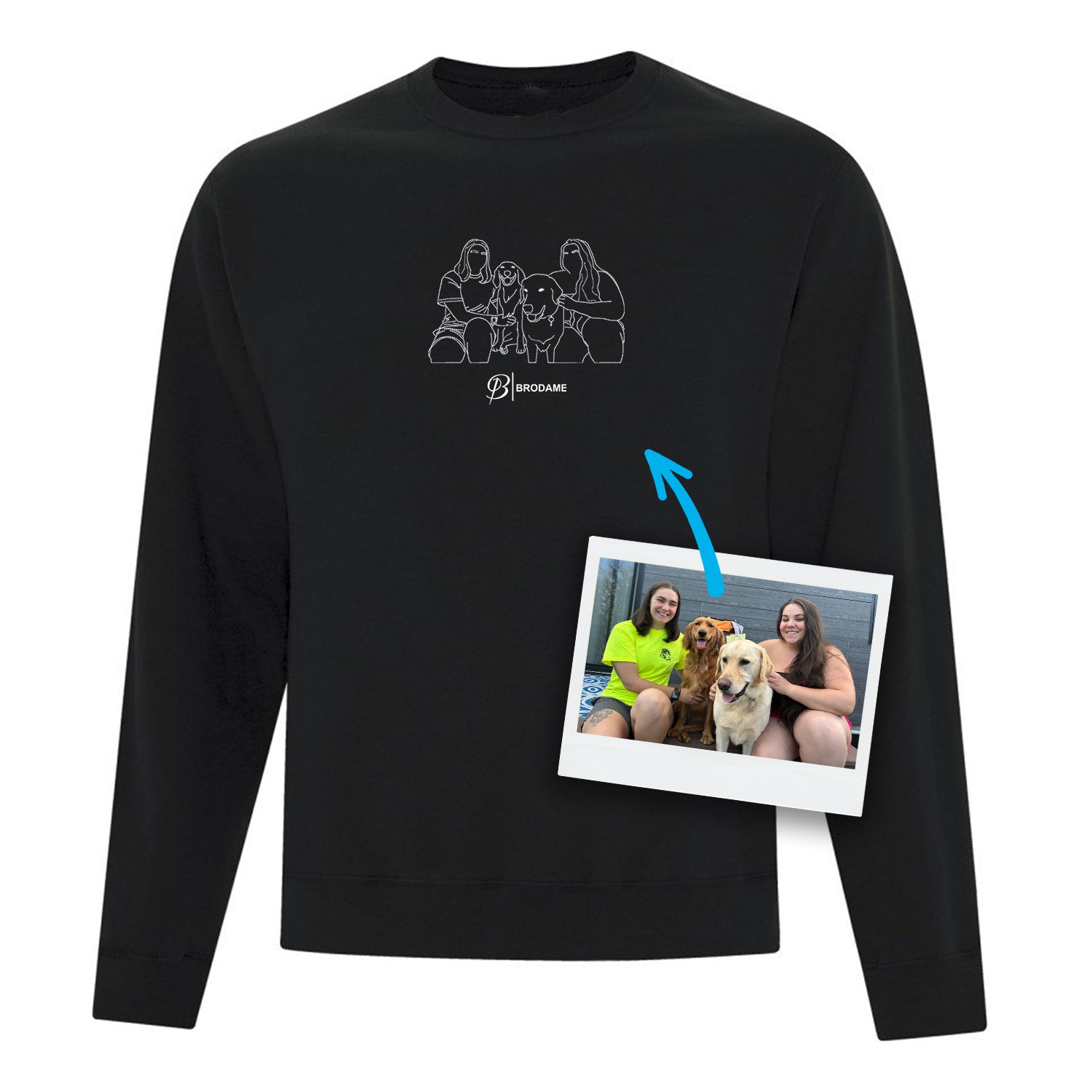 crewneck personnalisé noir tracé de photo silhouette brodé au centre avec logo brodame en dessous