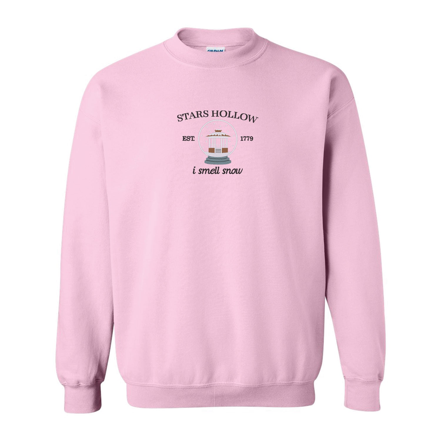 crewneck rose pâle brodé avec une globe de noel snowglobe de gilmore girls