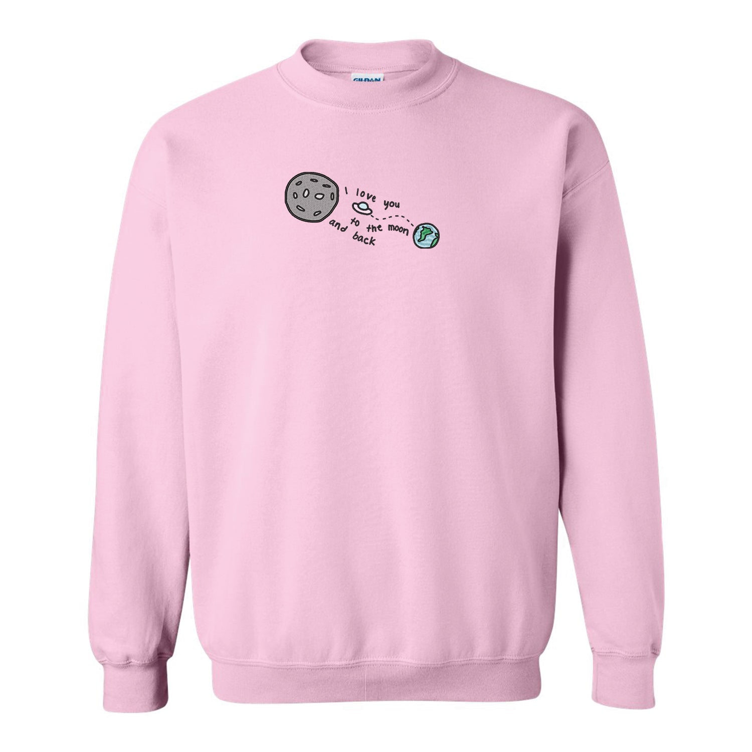 crewneck rose pâle brodé i love you to the moon and back st-valentin couple planète lune