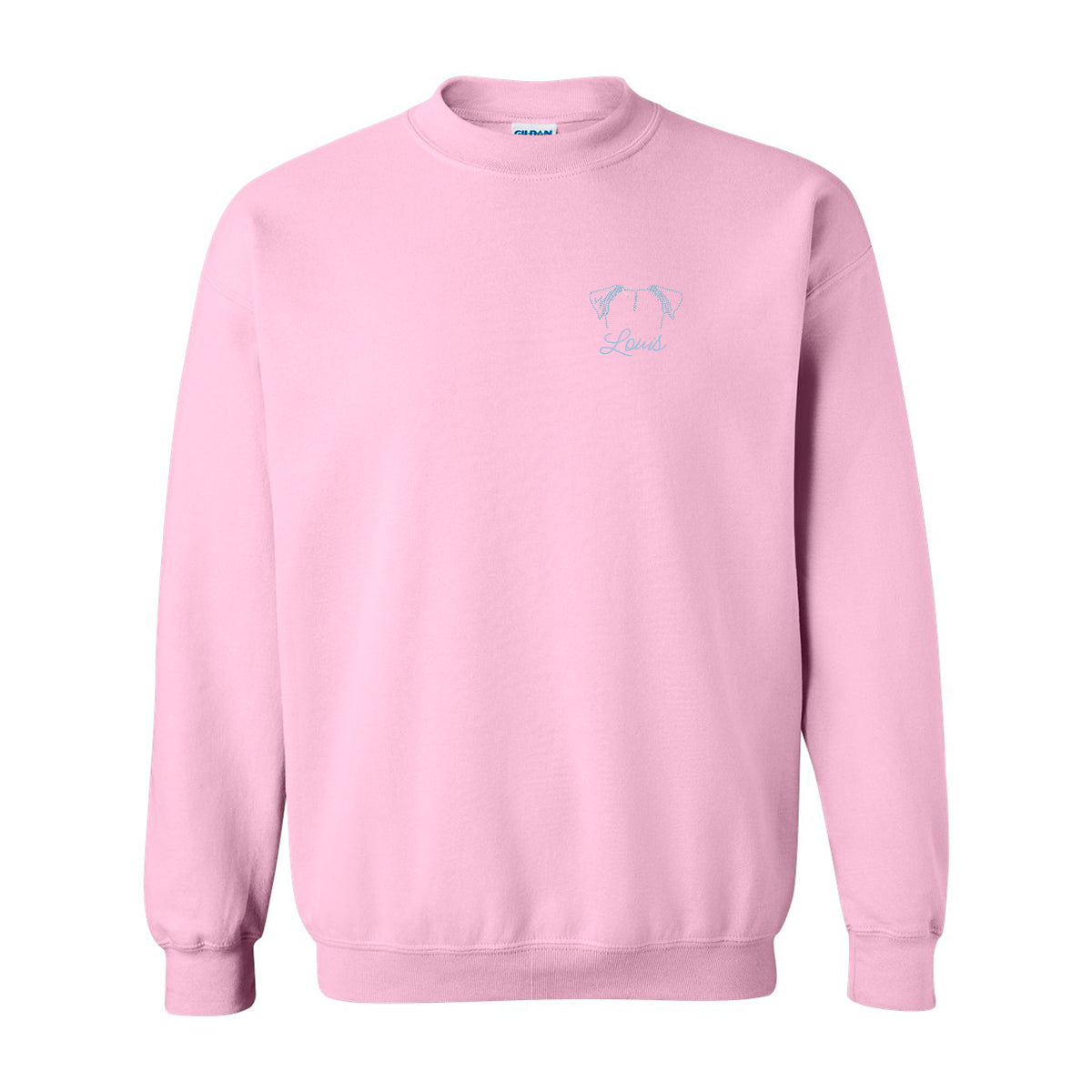 coton ouaté sans capuchon rose pâle avec broderie minimaliste d'oreilles de chien avec son nom en dessou, en bleu pâle