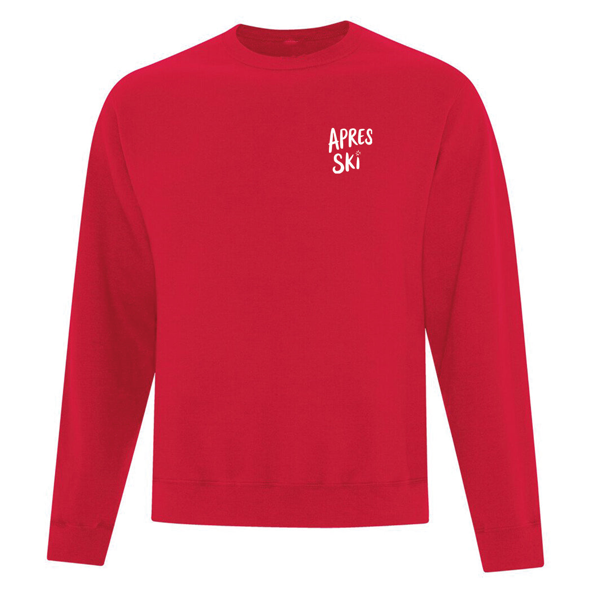 coton ouaté à col rond rouge avec des illustrations sous le thème du ski et de l'hiver imprimé en blanc