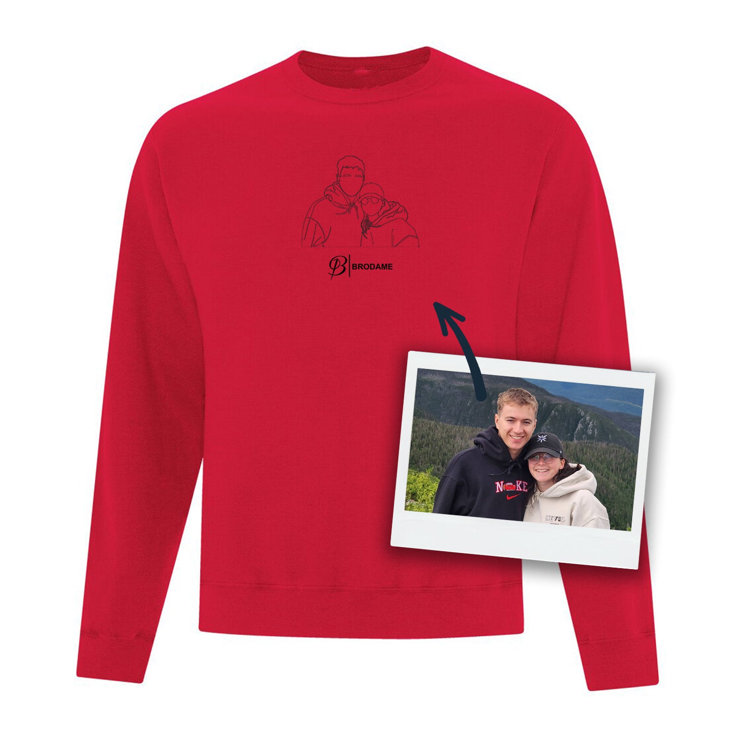 crewneck personnalisé rouge tracé de photo silhouette brodé au centre avec logo brodame en dessous