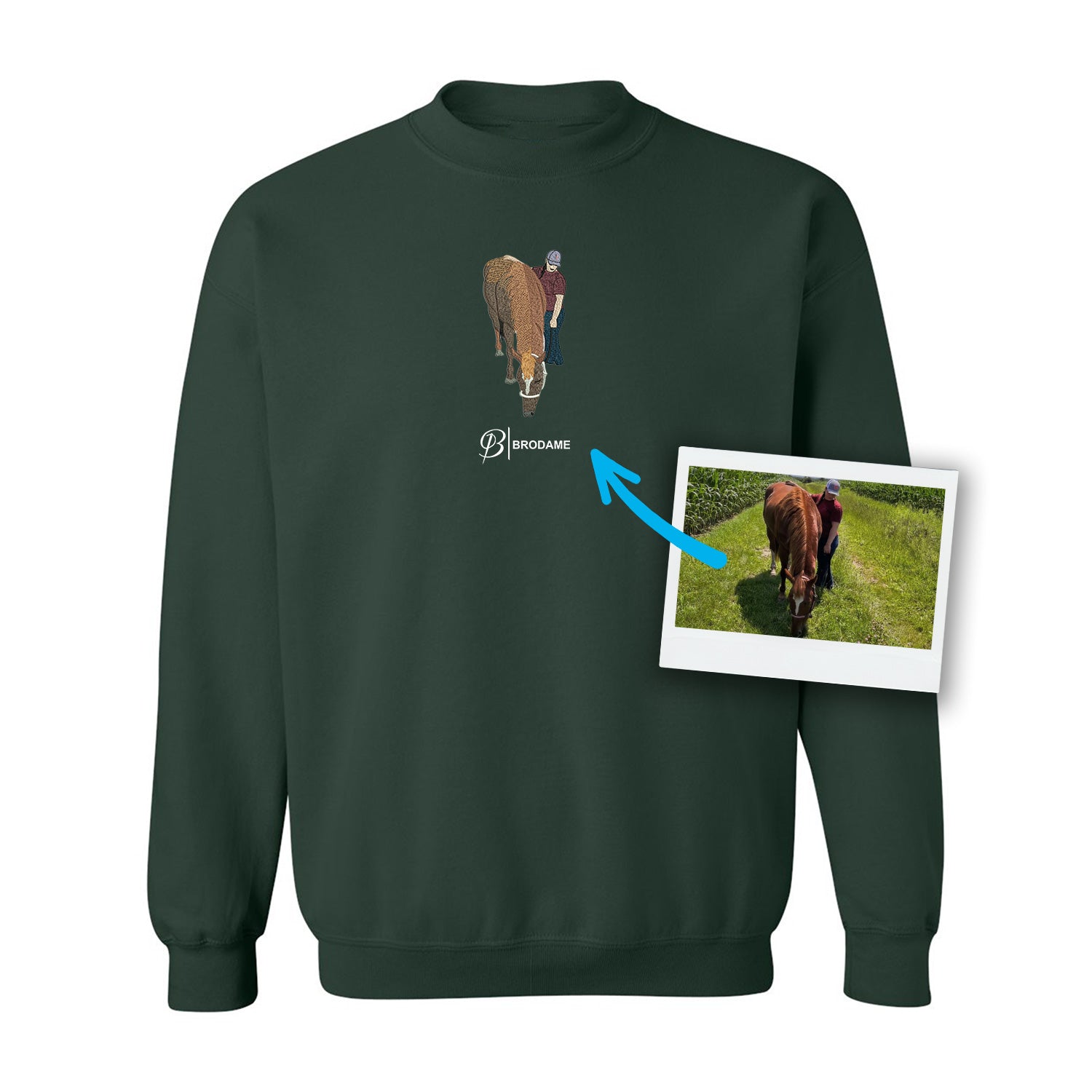 crewneck vert foret avec un cheval et son maitre brodé de façon réaliste sur le devant au centre