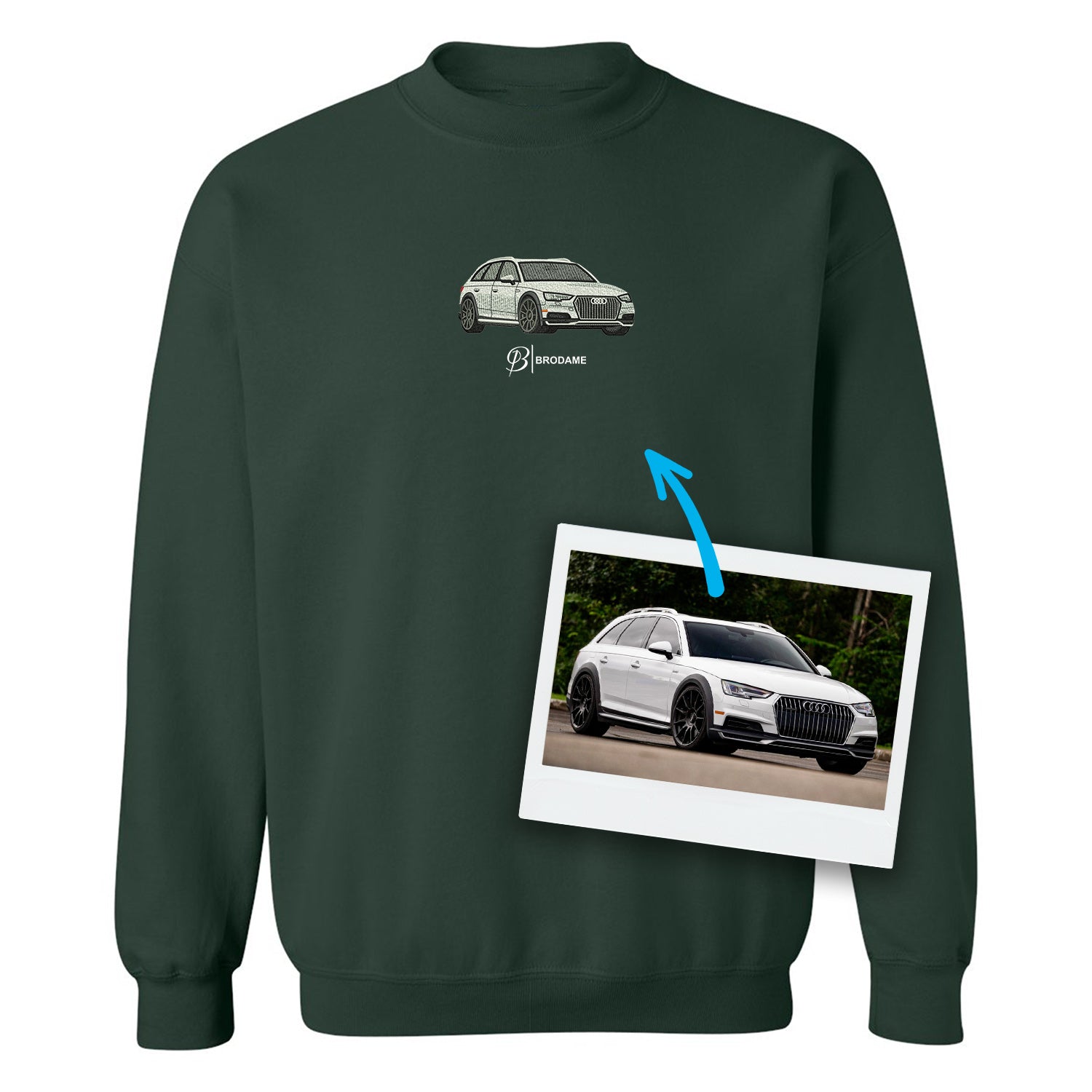 crewneck vert forêt avec voiture brodée personnalisée audi