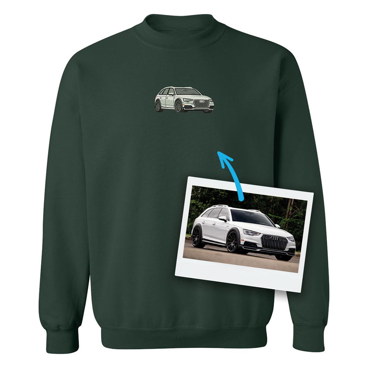 coton ouaté à col rond vert forêt avec une broderie d'ne voiture audi réaliste faite à partir d'une photo