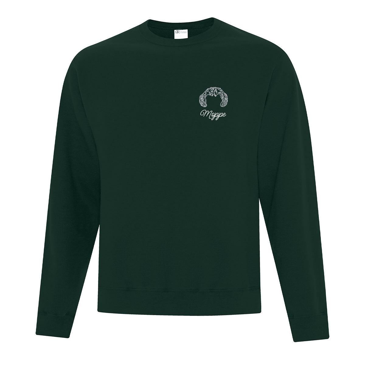 coton ouaté sans capuchon vert forêt avec broderie minimaliste d'oreilles de chien avec son nom en dessou, en blanc