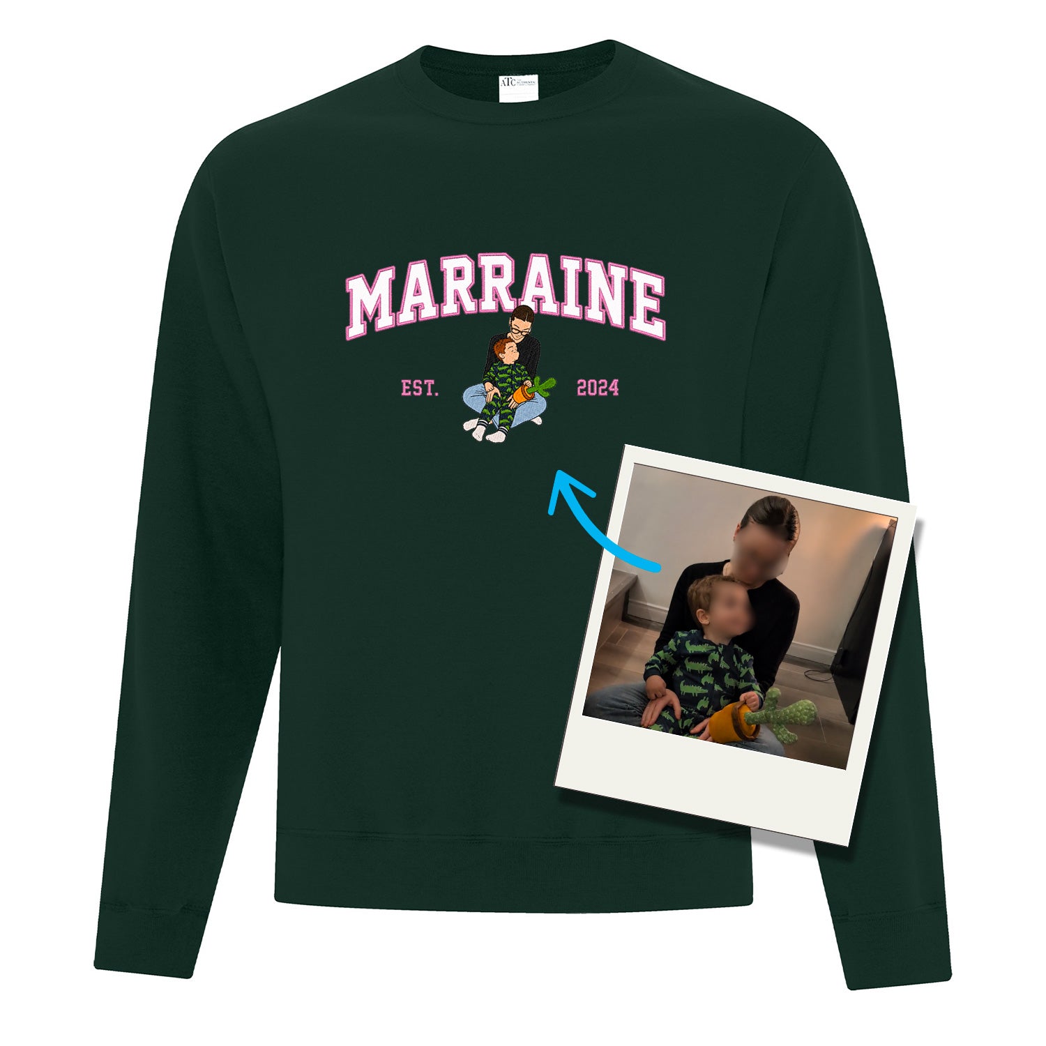 coton ouaté à col rond vert forêt personnalisé famille MARRAINE avec année de naissance et broderie minimaliste faite à partir d'une photo