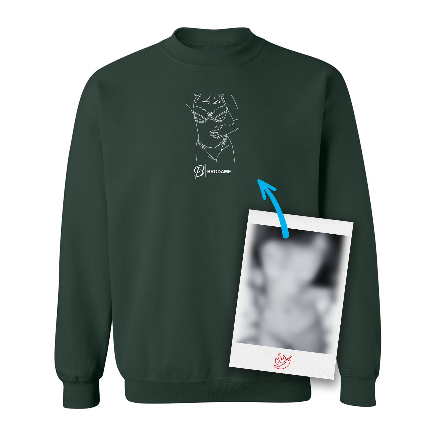 crewneck vert foret avec le logo brodame et une silhouette blanche brodée au centre du chandail à partir d'une photo coquine