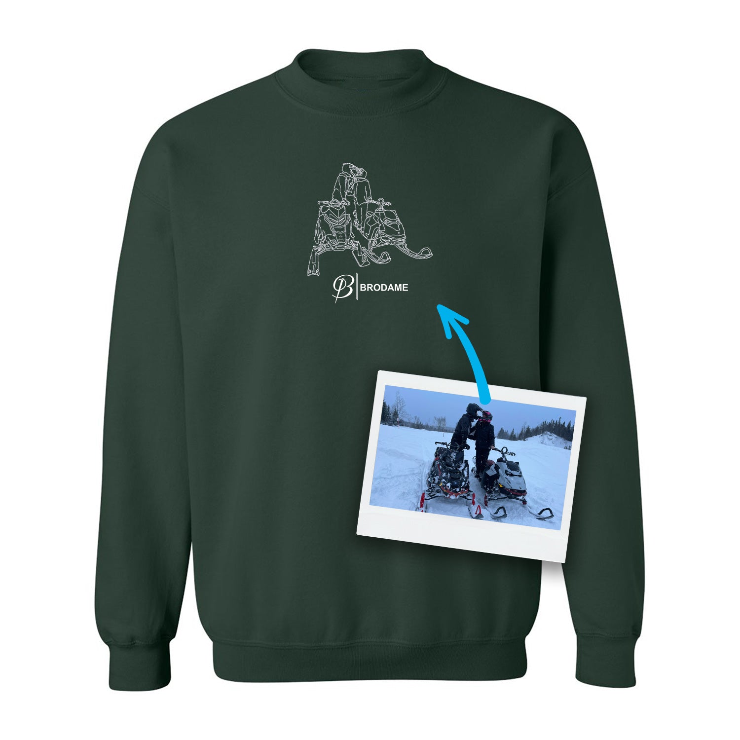 crewneck personnalisé vert foret tracé de photo silhouette brodé au centre avec logo brodame en dessous