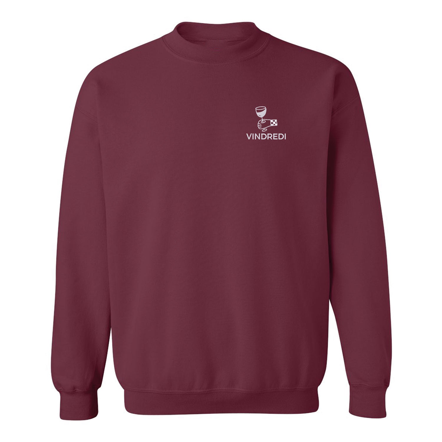 Crewneck bourgogne avec broderie "Vindredi" au coeur. Main qui tient un verre de vin. Broderie de couleur blanche. Collection d'expressions québécoises.