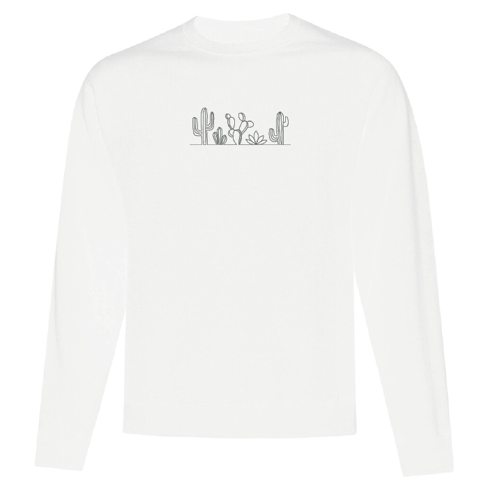 crewneck blanc avec une broderie de plusieurs cactus minimalistes en vert