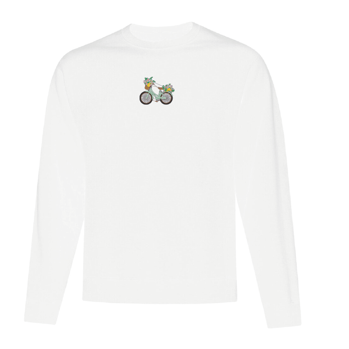 crewneck blanc avec broderie de vélo vintage et paniers à fleurs