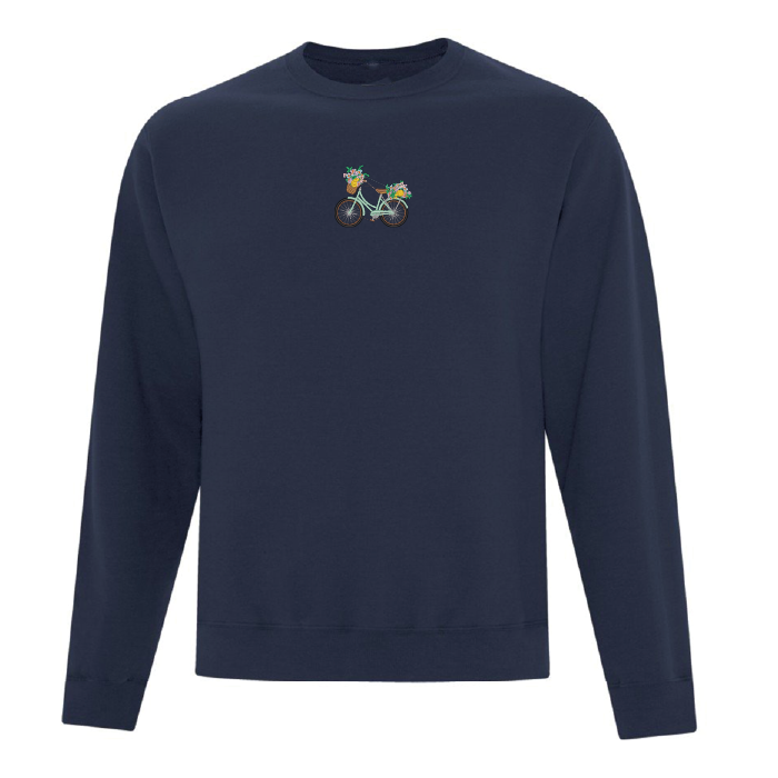 crewneck bleu marin avec broderie de vélo vintage et paniers à fleurs