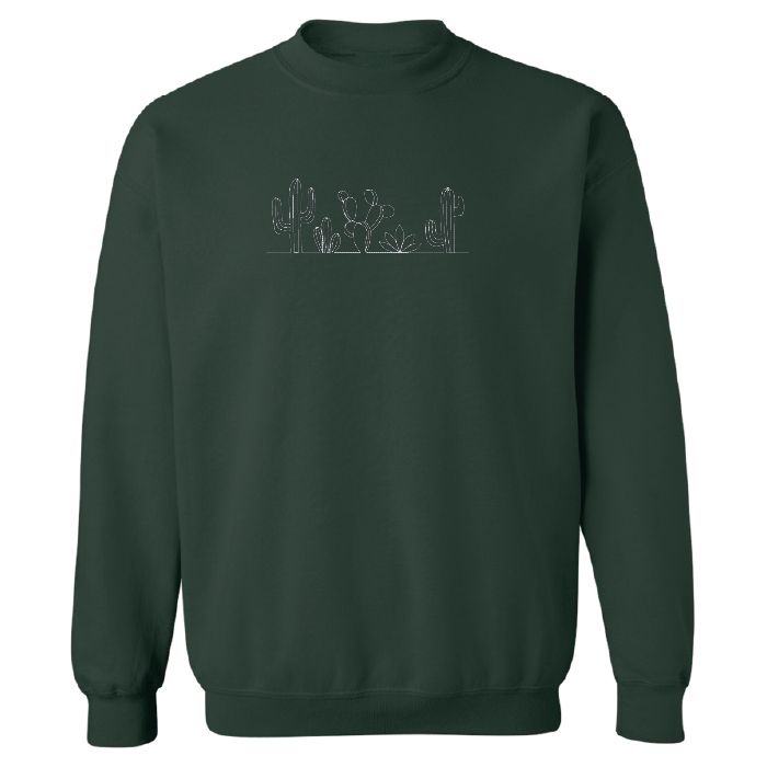 crewneck vert foret avec une broderie de plusieurs cactus minimalistes en blanc