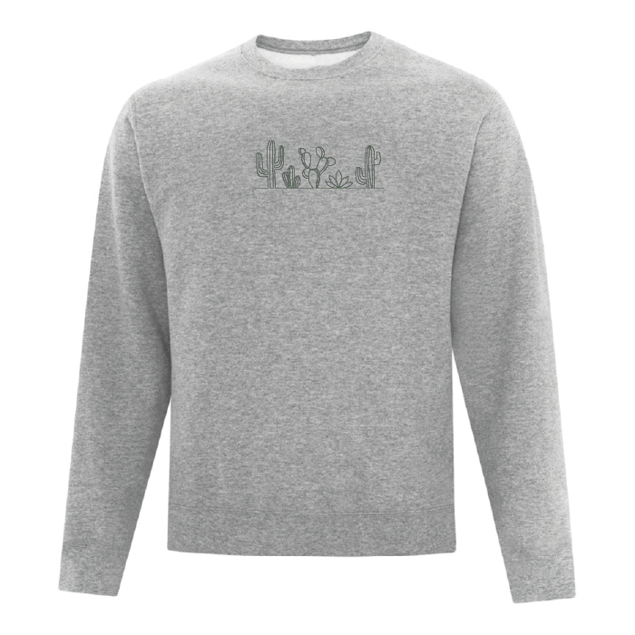 crewneck gris pâle avec une broderie de plusieurs cactus minimalistes en vert