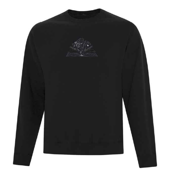 crewneck noir brodé avec un livre et des fleurs minimalistes